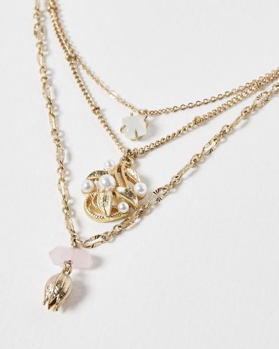 Oliver Bonas Bettie Flower & Faux Pearl Triple Row Layered Necklace - White