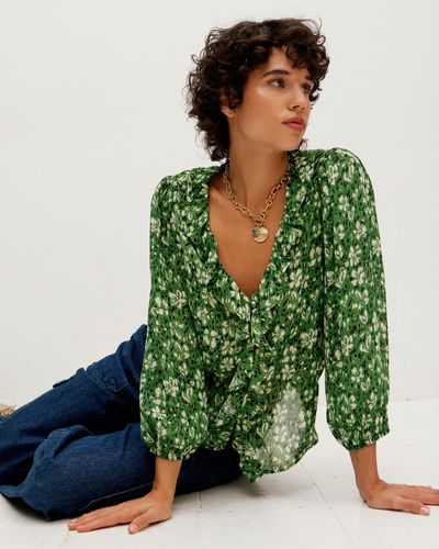 Oliver Bonas Floral Print Textured Frill Blouse, Size 6 - Green