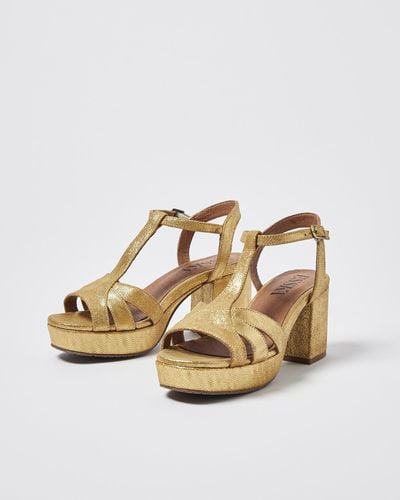 Esska Charlie Gold Leather Mid Heel Sandals, Size Uk 3 - Metallic