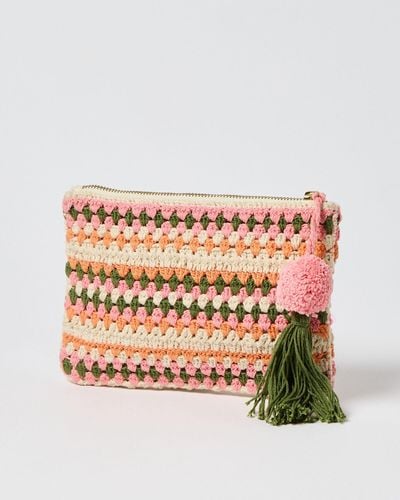 Oliver Bonas Mara Coral Stripe Crochet Pouch - Pink
