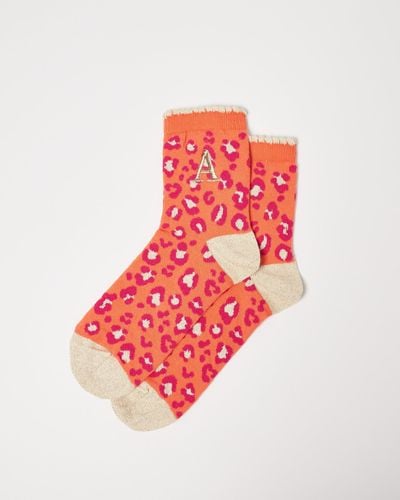 Oliver Bonas Alphabet Initial Animal Print Orange Socks - Red