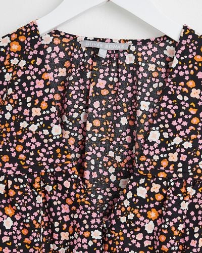 Oliver Bonas Floral Print Broderie Sleeve Black Blouse, Size 6