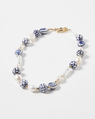Oliver Bonas Afroditi Ceramic Bead & Freshwater Pearl Beaded Necklace - Blue