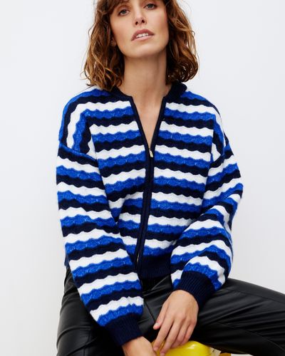 Oliver Bonas Scalloped Stripe Knitted Bomber Jacket, Size 12 - Blue