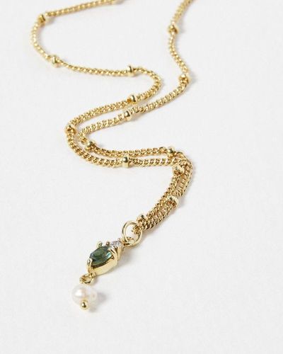 Oliver Bonas Loretta Tourmaline & Pearl Gold Plated Pendant Necklace - White