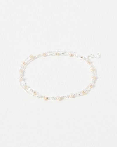 Oliver Bonas Lowri Freshwater Pearl Double Row Silver Anklet - White