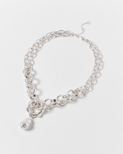 Oliver Bonas Kali Faux Pearl Chunky Chain Drop Necklace - White
