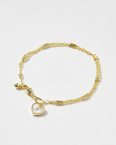 Oliver Bonas Kairi Engraved Mother Of Pearl Heart Drop Chain Bracelet - Metallic