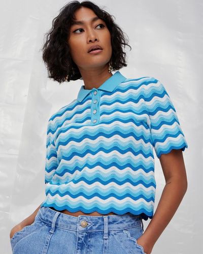 Oliver Bonas & White Wavy Knitted Polo Top - Blue