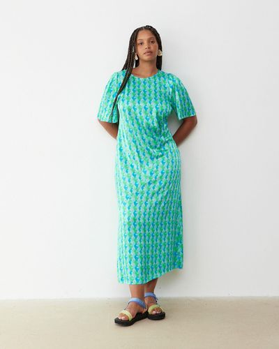 Oliver Bonas & Green Geometric Print Satin Ruched Midi Dress, Size 6