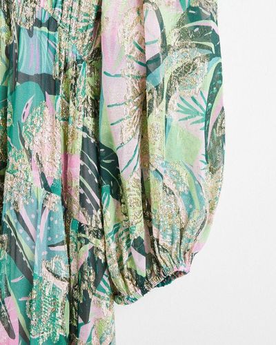 Oliver Bonas Tropical Floral Metallic Midi Dress - Green