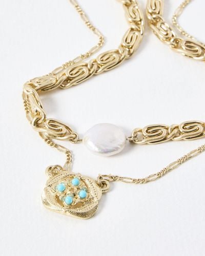 Oliver Bonas Dana Square Charm & Faux Pearl Chunky Pendant Necklace - Metallic