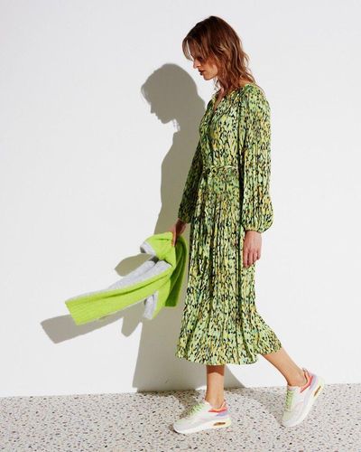 Oliver Bonas Abstract Texture Pleated Midi Dress - Green