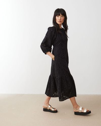 Oliver Bonas Broderie Tiered Midi Dress, Size 6 - Black
