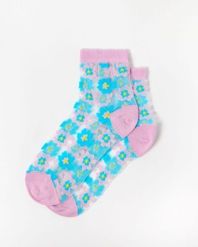 Oliver Bonas & Pink Floral Sheer Ankle Socks - Blue