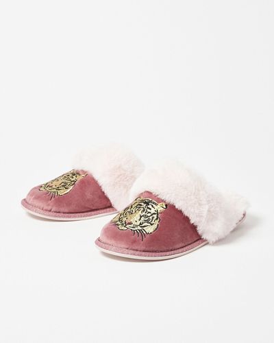 Oliver Bonas Tiger Pink Velvet Slippers & Drawstring Bag, Size S
