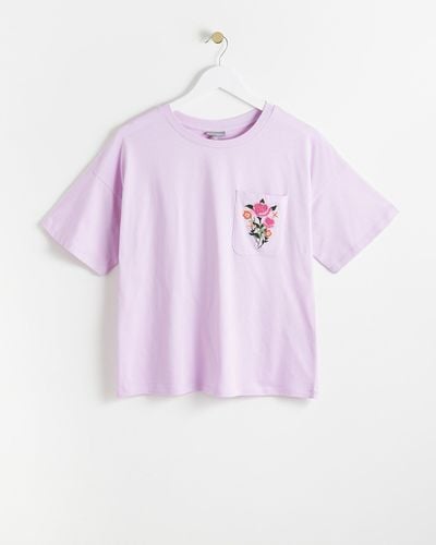 Oliver Bonas Embroidered Floral Pocket Purple T-shirt, Size 6