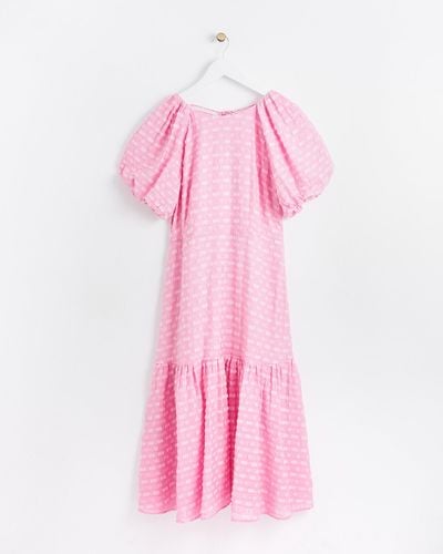 Oliver Bonas Textured Puff Sleeve Lace Back Pink Midi Dress, Size 10