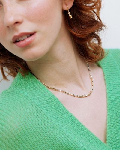 Oliver Bonas Sereia Green Glass Beaded & Faux Pearl Short Necklace