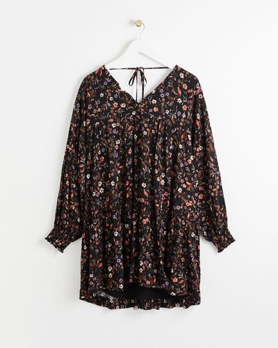 Oliver Bonas Midnight Meadow Floral Print Black Mini Dress, Size 8 - Multicolour