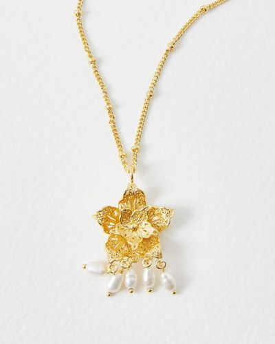 Oliver Bonas Sarah Filigree Flower & Pearl Pendant Necklace - Metallic