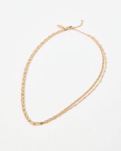Oliver Bonas Vera Coral Pink & Gold Layered Chain Necklace - White