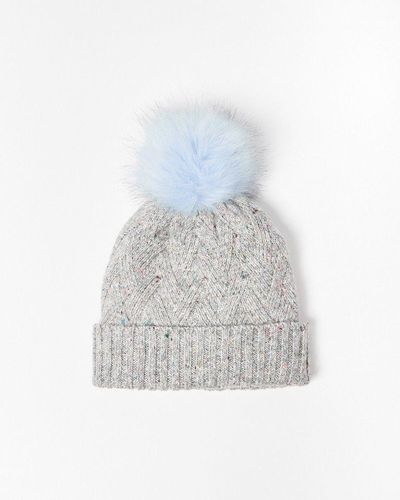 Oliver Bonas Flecked & Blue Pom Knitted Beanie Hat - White