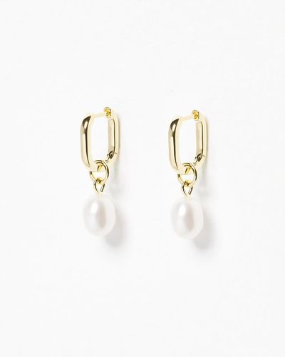 Oliver Bonas Harp Pearl Drop Gold Plated Huggie Earrings - Natural