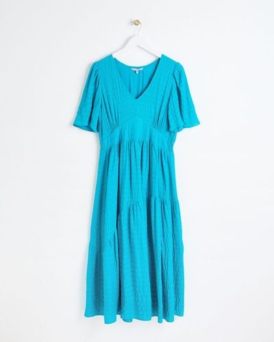 Oliver Bonas Teal Textured Tiered Midi Dress, Size 6 - Blue