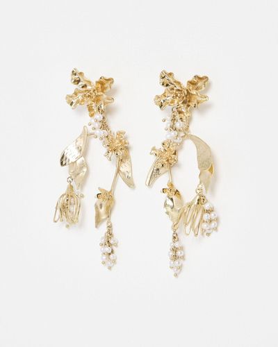 Oliver Bonas Celeste Flower & Leaf Pearl Cluster Statement Earrings - Metallic