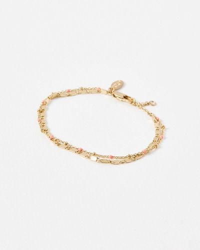 Oliver Bonas Vera Coral Pink & Gold Layered Chain Bracelet - White