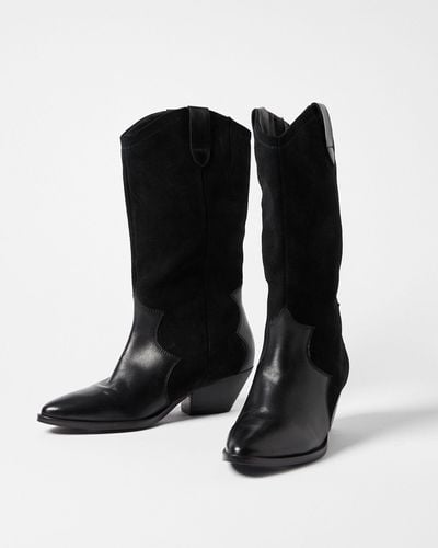 Oliver Bonas Black Western Leather Tall Cowboy Boots, Size Uk 3