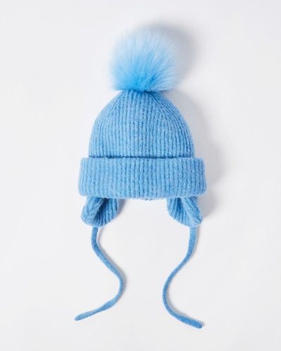 Oliver Bonas Pom Knitted Trapper Beanie Hat - Blue
