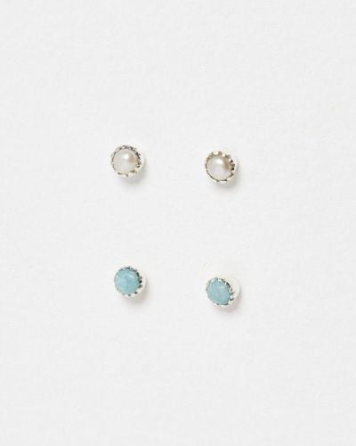 Oliver Bonas Alula Pearl & Amazonite Silver Stud Earring Set - White