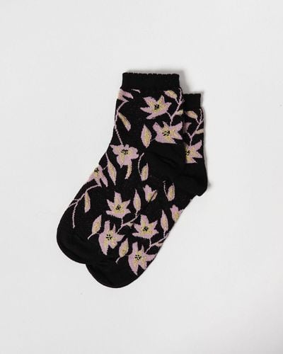 Oliver Bonas Floral Pink & Glitter Ankle Socks - Black