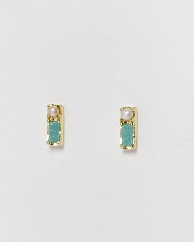 Oliver Bonas Hyacinth Amazonite & Freshwater Pearl Gold Plated Stud Earrings - Blue