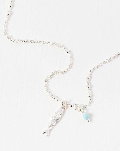 Oliver Bonas Dylin Fish Charm Opalite Silver Pendant Necklace - White