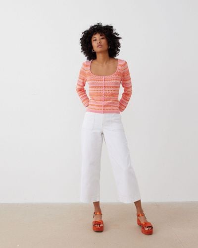 Oliver Bonas Ecru Cream Contrast Stitch Scallop Jeans, Size 14 - White