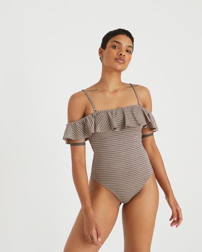 Oliver Bonas Sparkle Stripe Brown Bardot Swimsuit, Size 6