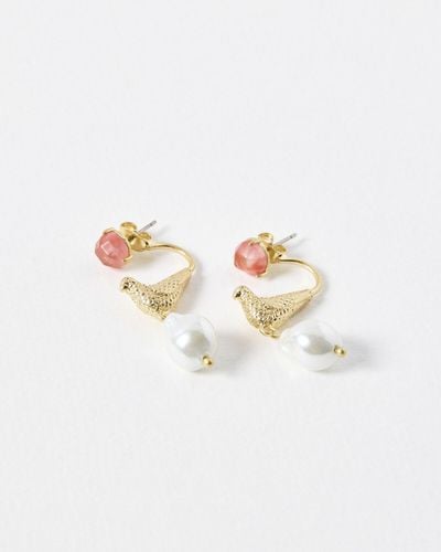 Oliver Bonas Wren Bird & Faux Peal Gold Drop Earrings - White