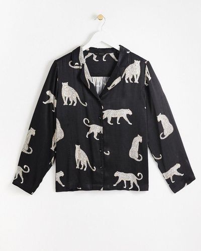 Oliver Bonas Mono Leopard Shirt & Pants Pajama Set - Black