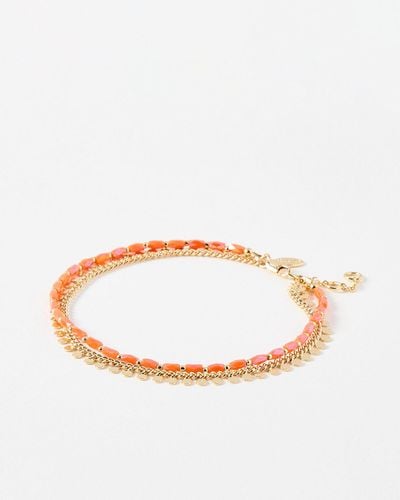 Oliver Bonas Cora Bead Gold Chain Layered Anklet - Pink