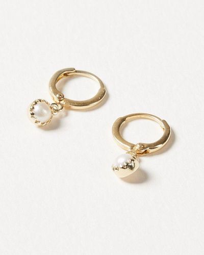 Oliver Bonas Alula Round Pearl Drop Gold Plated Huggie Earrings - White