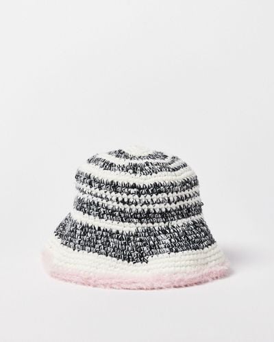 Oliver Bonas Monochrome & Pink Crochet Bucket Hat - White