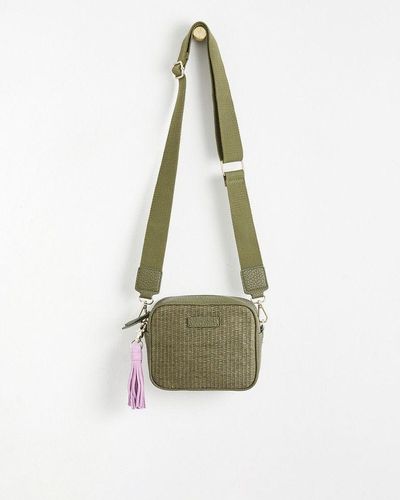 Oliver Bonas Bonnie Khaki Weave Tassel Crossbody Camera Bag - White
