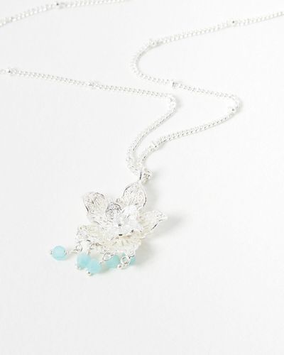 Oliver Bonas Sarah Filigree Flower & Blue Amazonite Silver Pendant Necklace - White