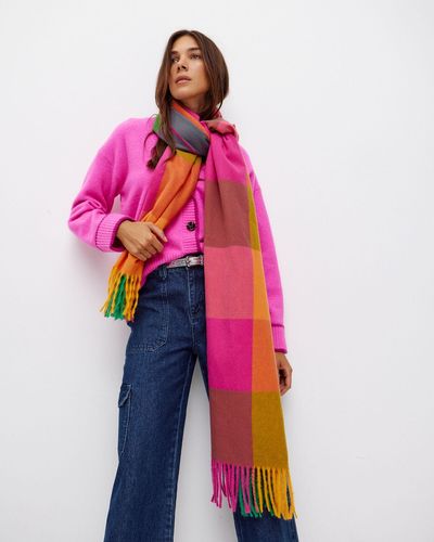 Oliver Bonas & Green Check Blanket Midweight Scarf - Pink