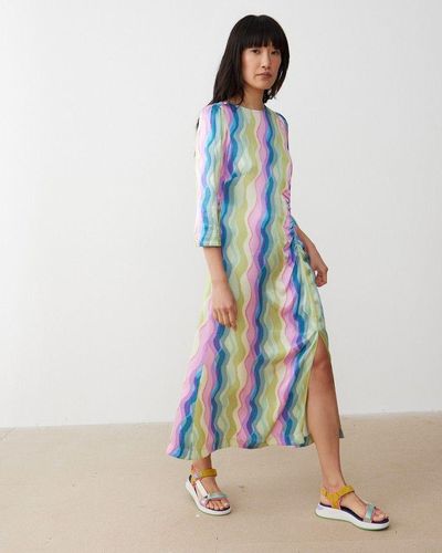 Oliver Bonas Rainbow Swirl Print Ruched Midi Dress - Blue