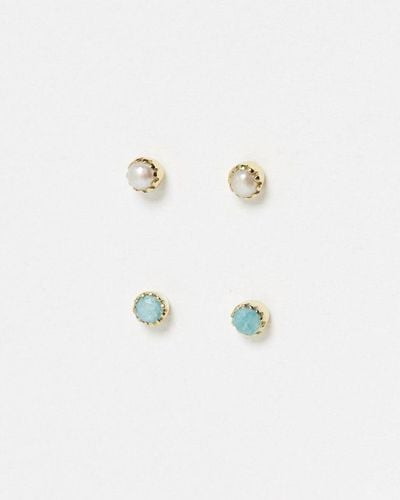 Oliver Bonas Alula Pearl & Amazonite Gold Plated Stud Earring Set - White