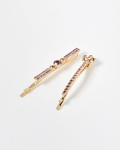 Oliver Bonas Rudy Flower & Stone Mismatch Hair Slides Pack Of Two - Brown
